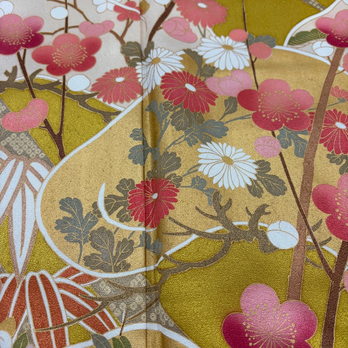 振袖 身丈165cm 裄丈66cm M 袷 桜 松竹梅 金彩 山吹色 正絹 秀品｜中古