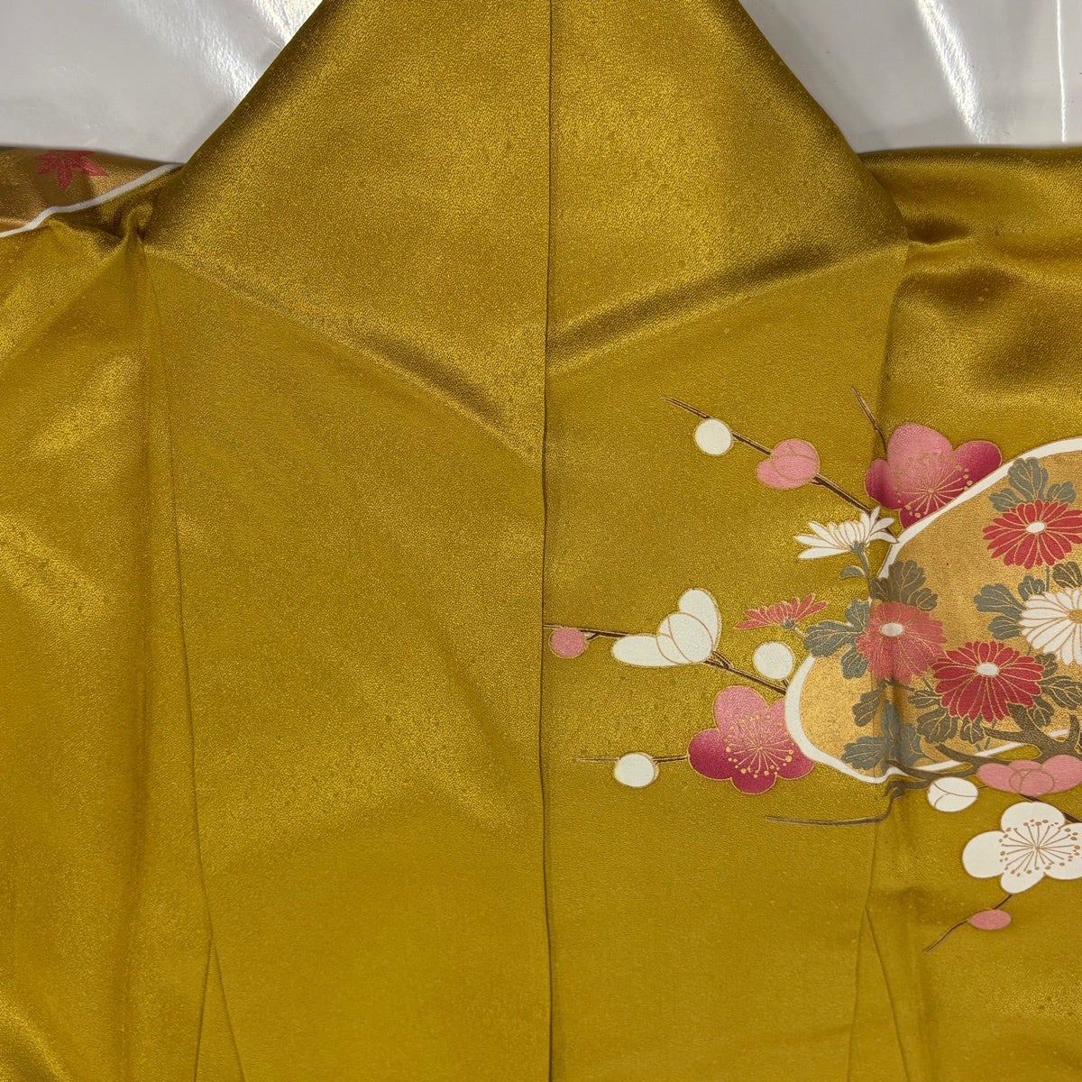 振袖 身丈165cm 裄丈66cm M 袷 桜 松竹梅 金彩 山吹色 正絹 秀品｜中古