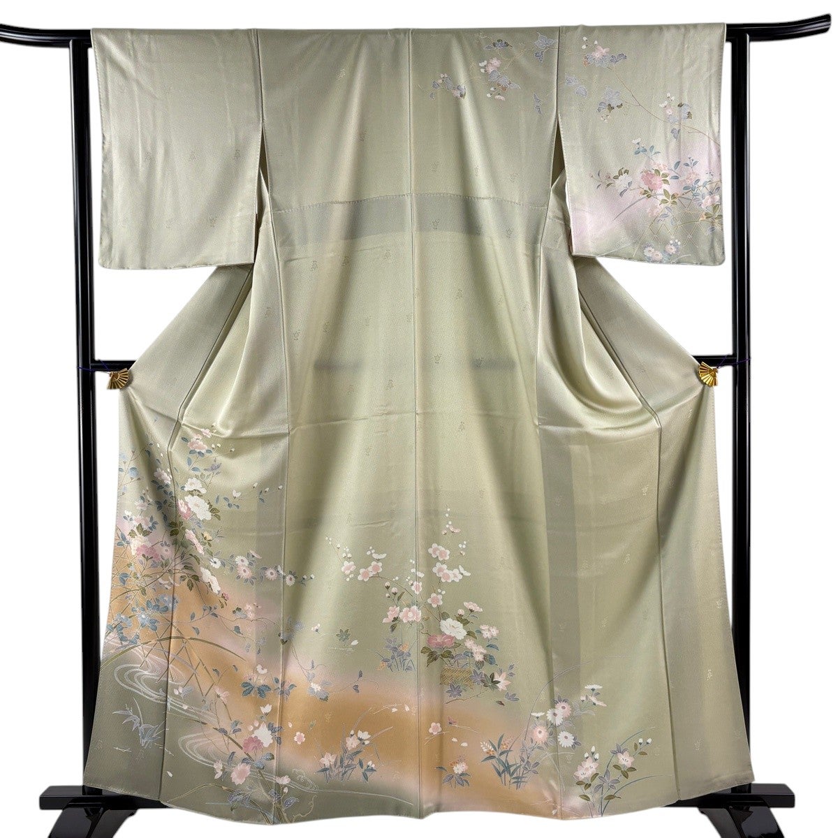 訪問着 身丈161.5cm 裄丈66cm M 袷 藤 牡丹 水色 正絹 秀品｜中古