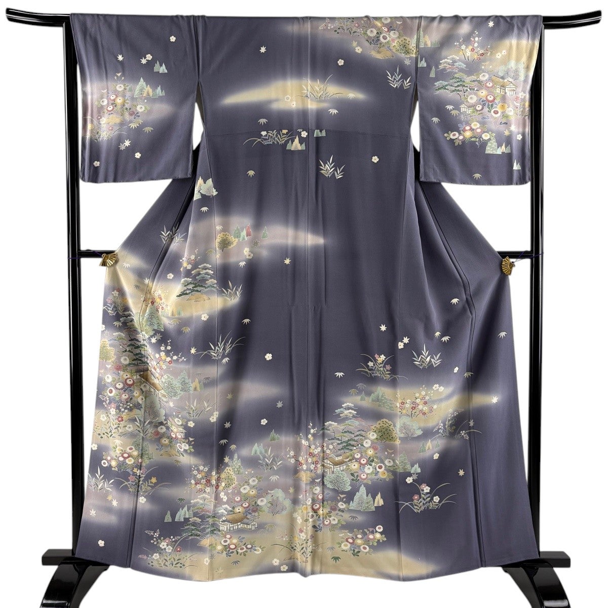 訪問着 身丈161cm 裄丈63.5cm S 袷 草花 流水 金糸 金彩 山吹色 正絹