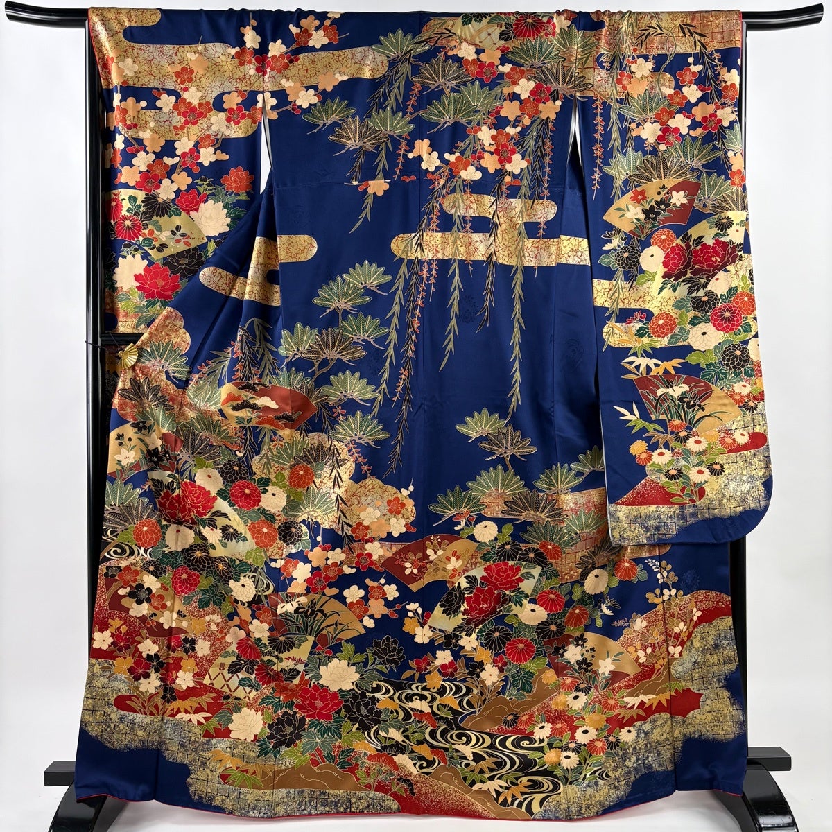 振袖 身丈160cm 裄丈66cm M 袷 落款あり 扇面 牡丹 金糸 金彩 赤茶