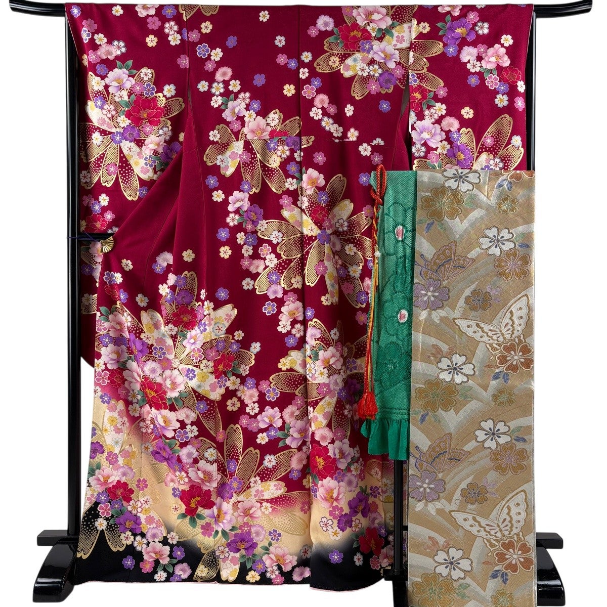 美品】 振袖 身丈167cm 裄丈70cm L 袷 袋帯フルセット 牡丹 桜 金糸