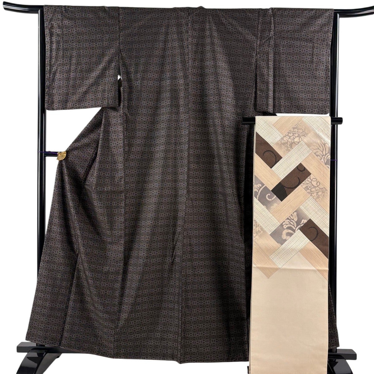 美品】 紬 身丈160.5cm 裄丈64cm M 袷 袋帯セット やまと 幾何学模様