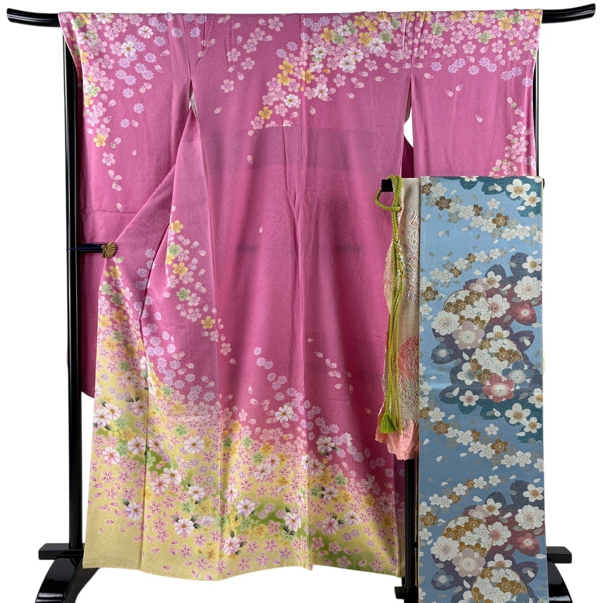 美品】 振袖 身丈167cm 裄丈70cm L 袷 袋帯フルセット 牡丹 桜 金糸