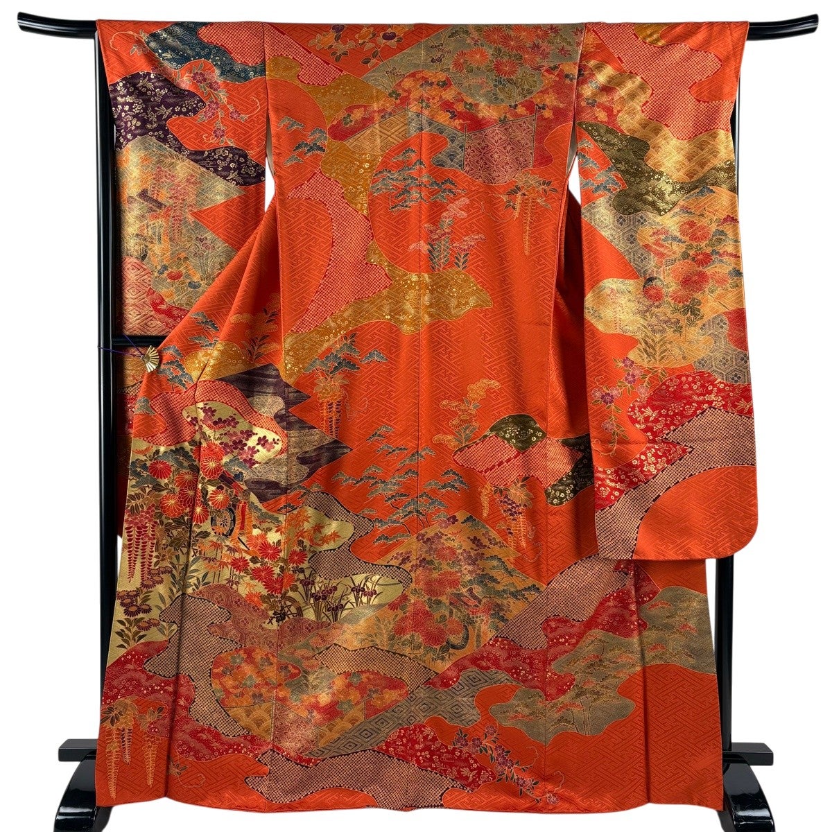 振袖 身丈166cm 裄丈66cm M 袷 扇 藤 金糸 金彩 朱色 正絹 秀品｜中古
