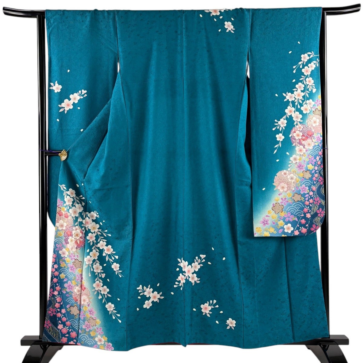 振袖 身丈160cm 裄丈64.5cm M 袷 雪輪 桜 金彩 箔 青緑 正絹 名品