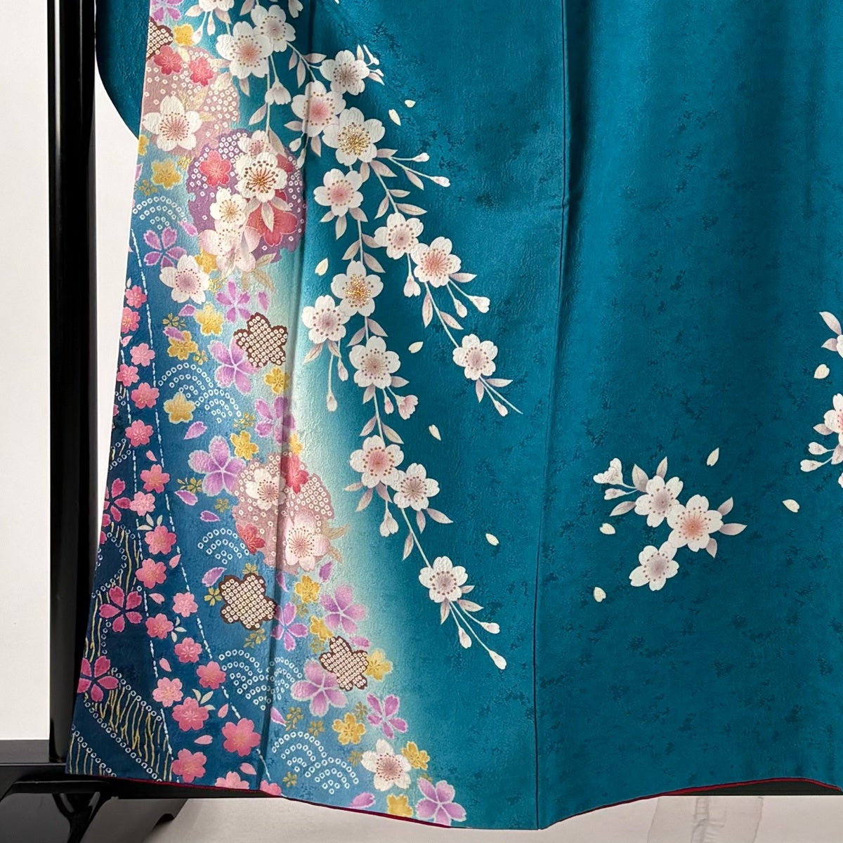 振袖 身丈160cm 裄丈64.5cm M 袷 雪輪 桜 金彩 箔 青緑 正絹 名品