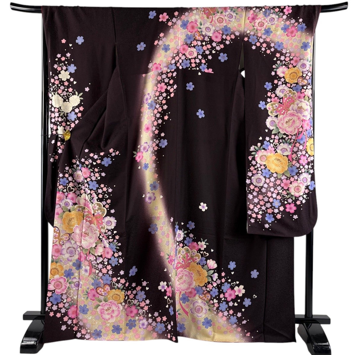 美品】 振袖 身丈169cm 裄丈69.5cm L 袷 蝶 草花 金彩 染め分け 茶紫