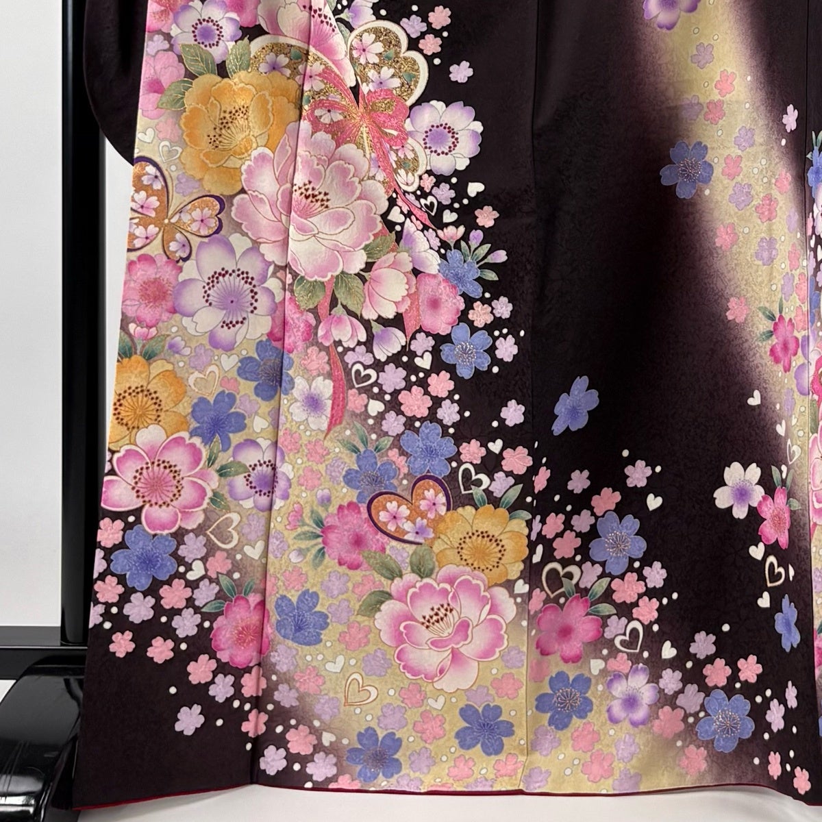 美品】 振袖 身丈169cm 裄丈69.5cm L 袷 蝶 草花 金彩 染め分け 茶紫
