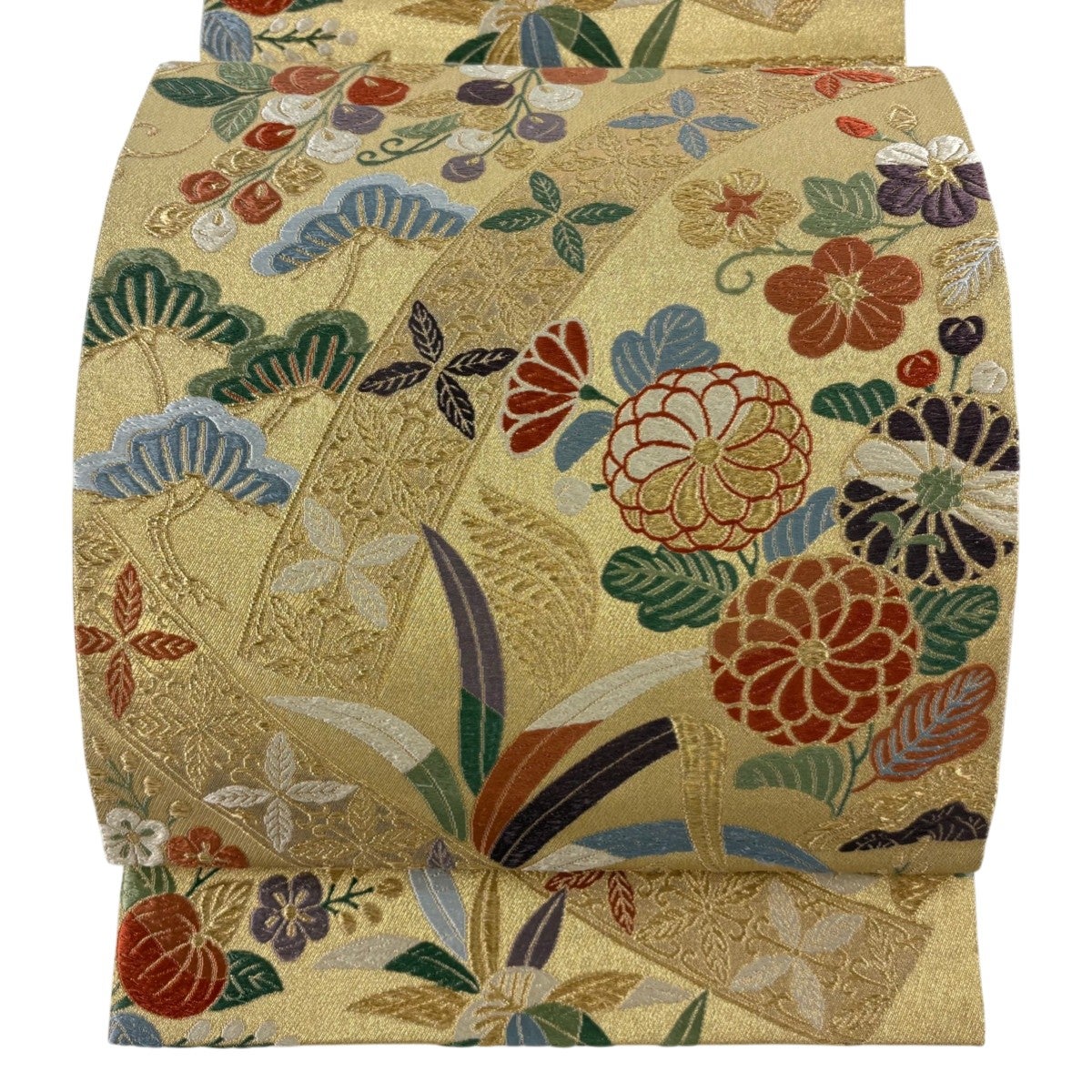 美品】 袋帯 名品 桜 笠松 唐織 箔 えんじ色 六通 正絹｜中古・古着