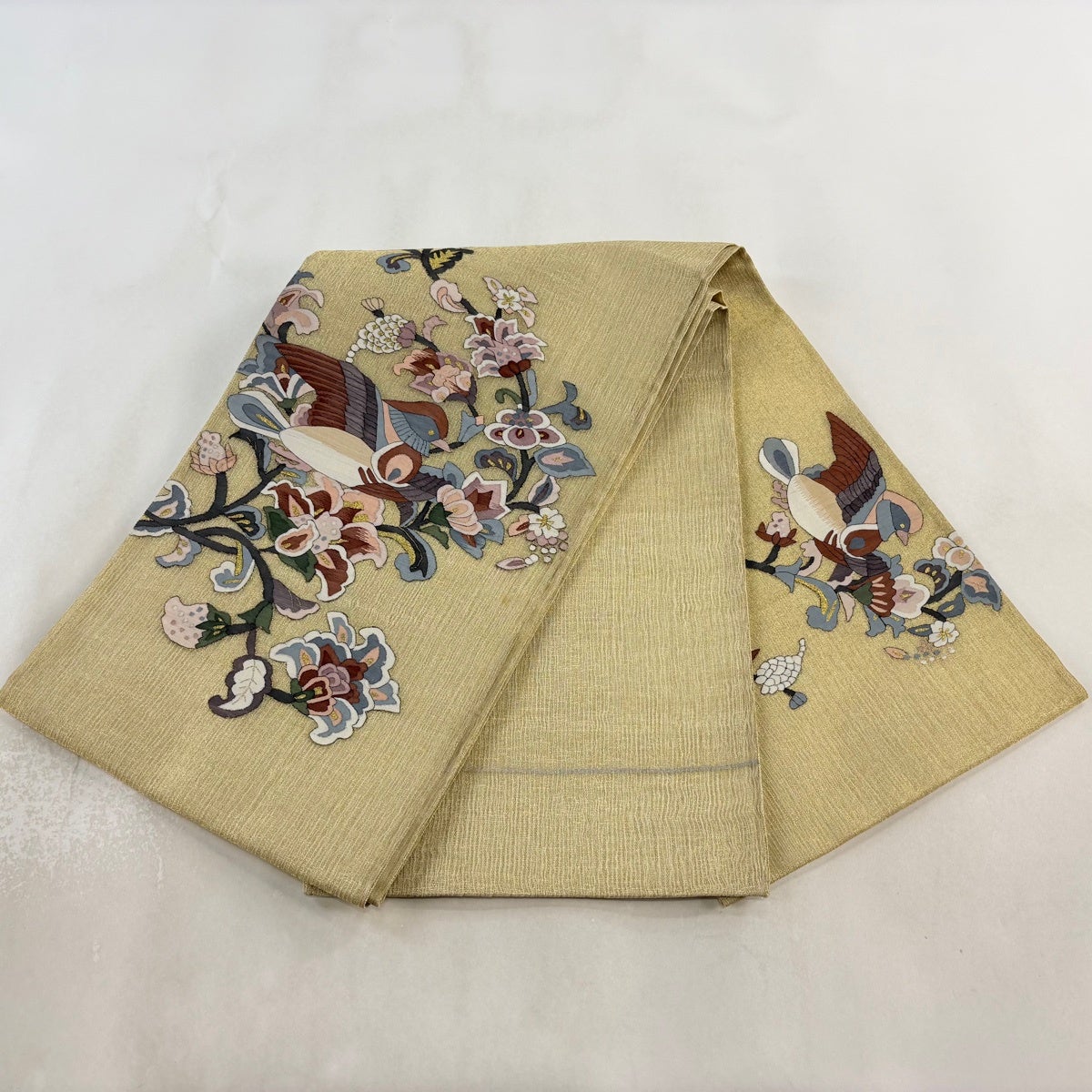 袋帯 逸品 夏帯 鴛鴦 草花 金糸 金色 お太鼓柄 正絹｜中古・古着