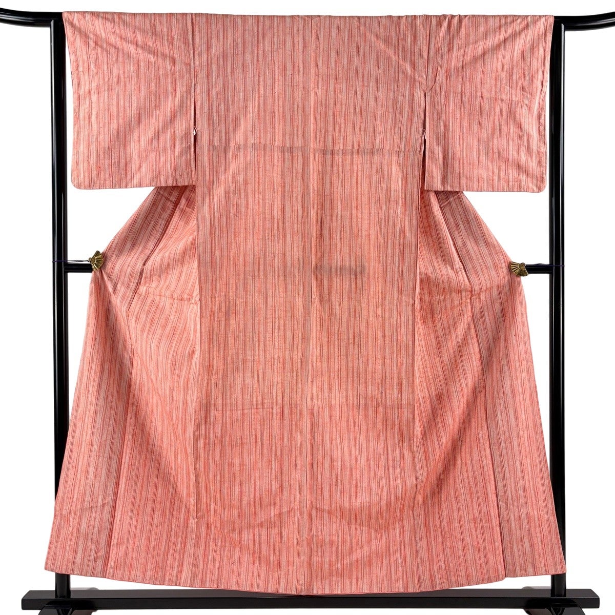 美品】 紬 身丈155.5cm 裄丈64cm M 袷 よろけ縞 朱色 正絹 優品｜中古