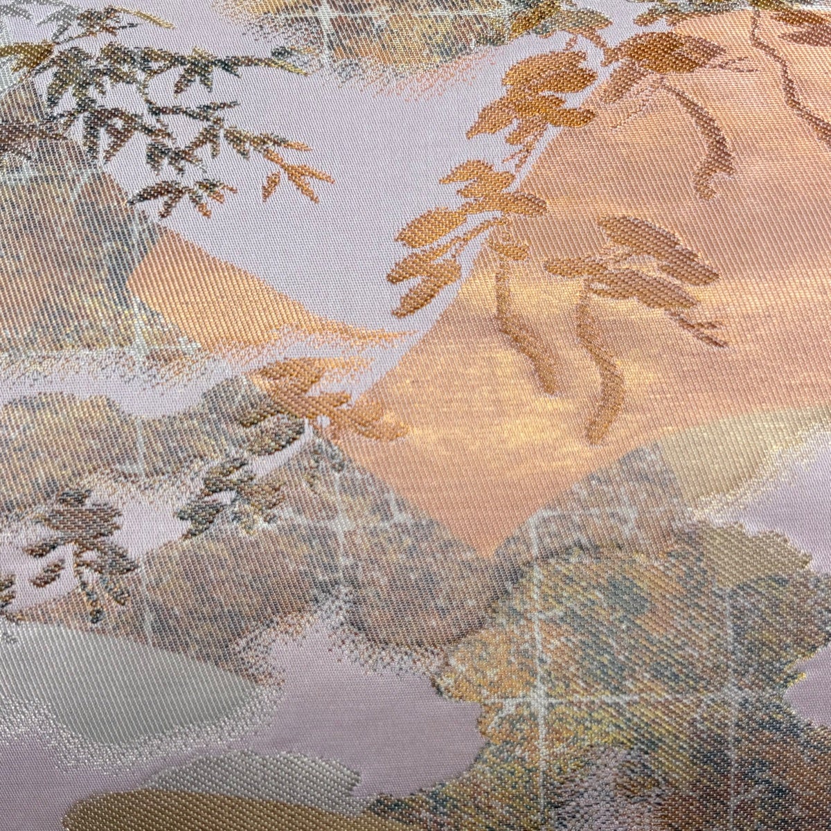 明日香2015【新品未使用極美品】KIMONOMACHI 綿麻名古屋帯 美品】 名古屋帯 優品 松 霞 金銀糸 箔 灰紫 正絹｜中古・古着