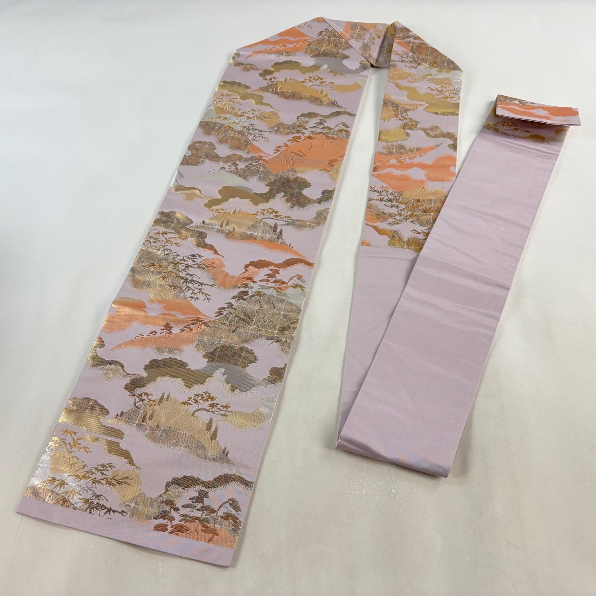 美品】 名古屋帯 優品 松 霞 金銀糸 箔 灰紫 正絹｜中古・古着