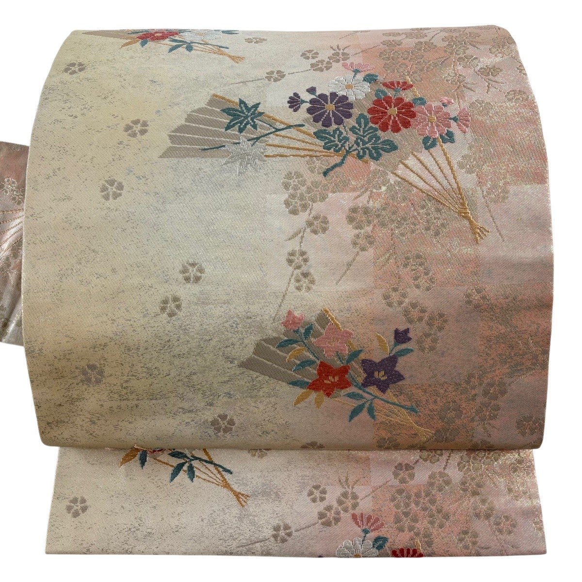 名古屋帯 優品 扇 草花 銀糸 ベージュ 正絹｜中古・古着・リサイクル