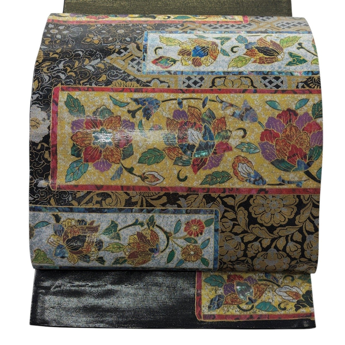 美品】 袋帯 秀品 草花 螺鈿箔 黒 お太鼓柄 正絹｜中古・古着