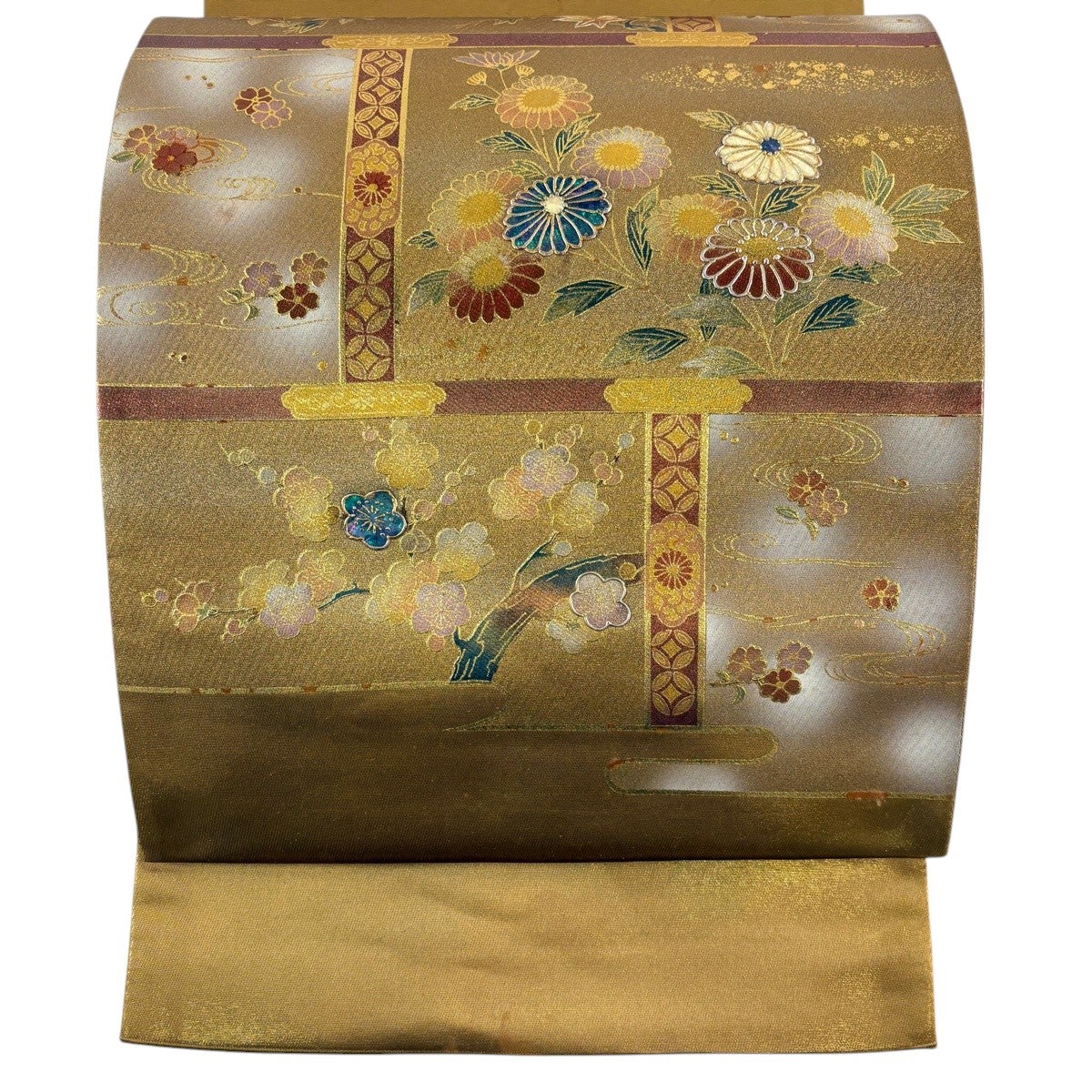 袋帯 秀品 草花 金彩 螺鈿 金色 お太鼓柄 正絹｜中古・古着