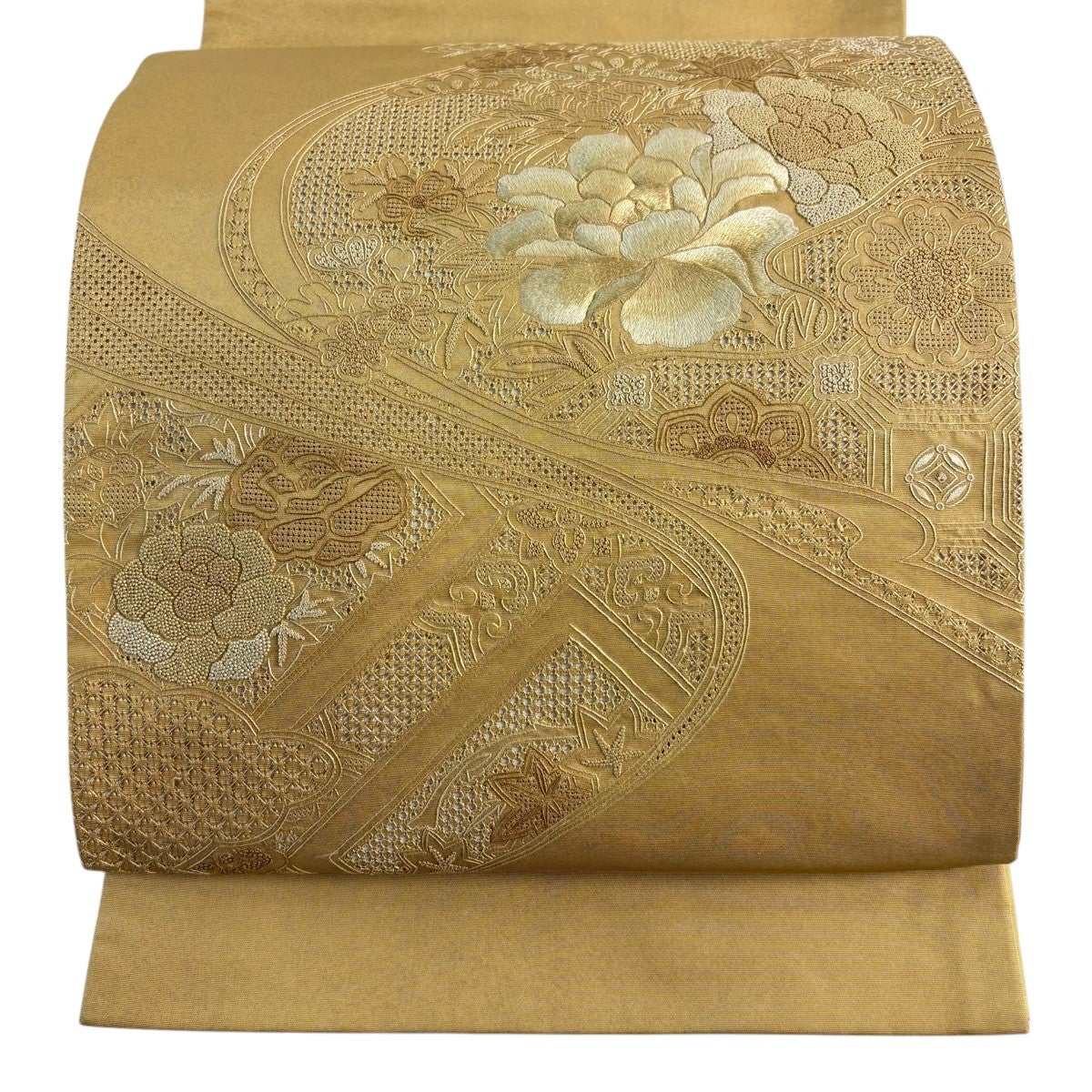 袋帯 逸品 華文 花 相良刺繍 薄茶色 お太鼓柄 正絹｜中古・古着