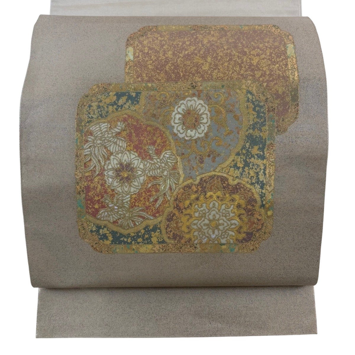 逸品 明綴れ 正絹袋帯 格調高く蜀江華文様 宝相華唐花 お太鼓柄 単衣から袷まで 袋帯 美品 名品 華文 唐草 汕頭刺繍 螺鈿 茶色 お太鼓柄 正絹 【中古
