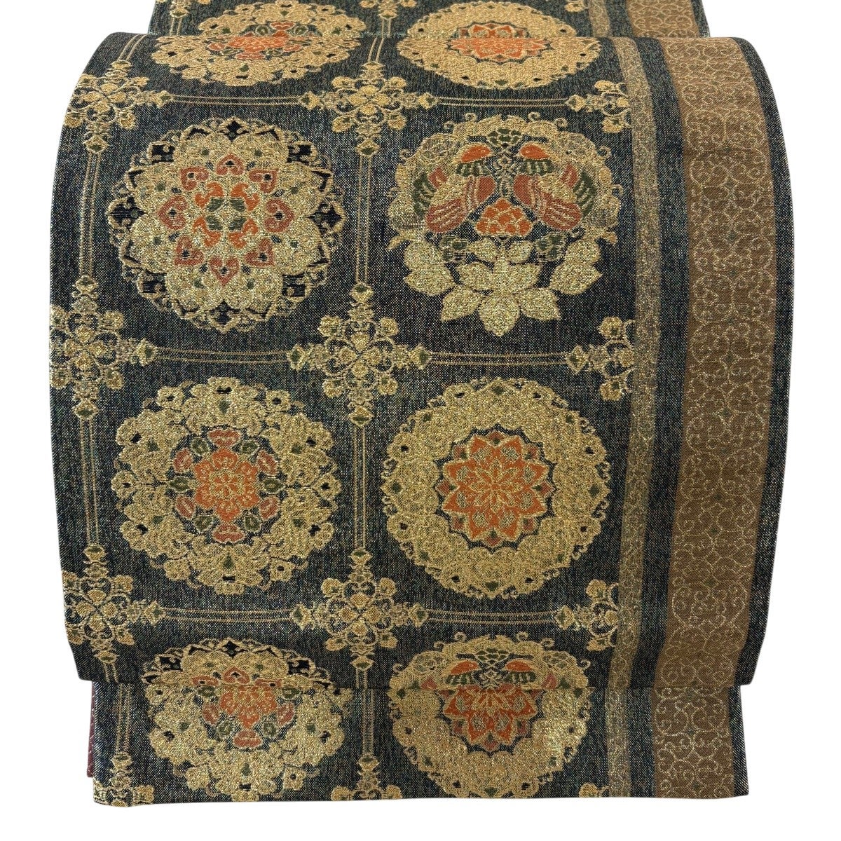 美品】 袋帯 秀品 正倉院華紋 花唐草 箔 金糸 深緑 六通 正絹｜中古
