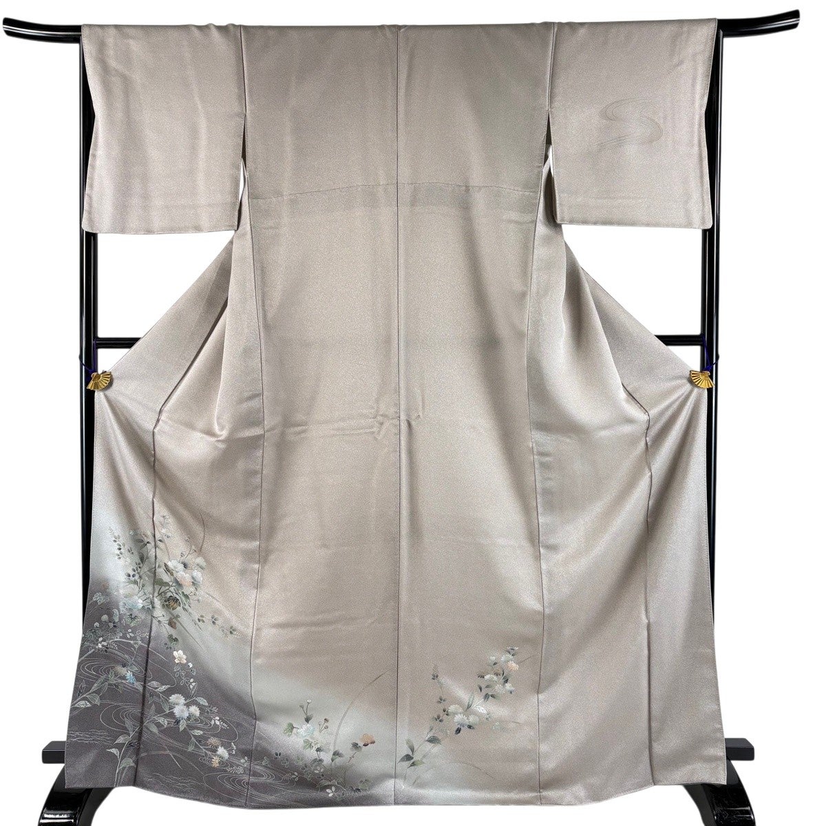 D644 訪問着　螺鈿細工　花　流水　金彩　正絹　着物　袷　極美品 美品】 付下げ 身丈154cm 裄丈63cm S 袷 枝花 流水 螺鈿 金彩 鶯色