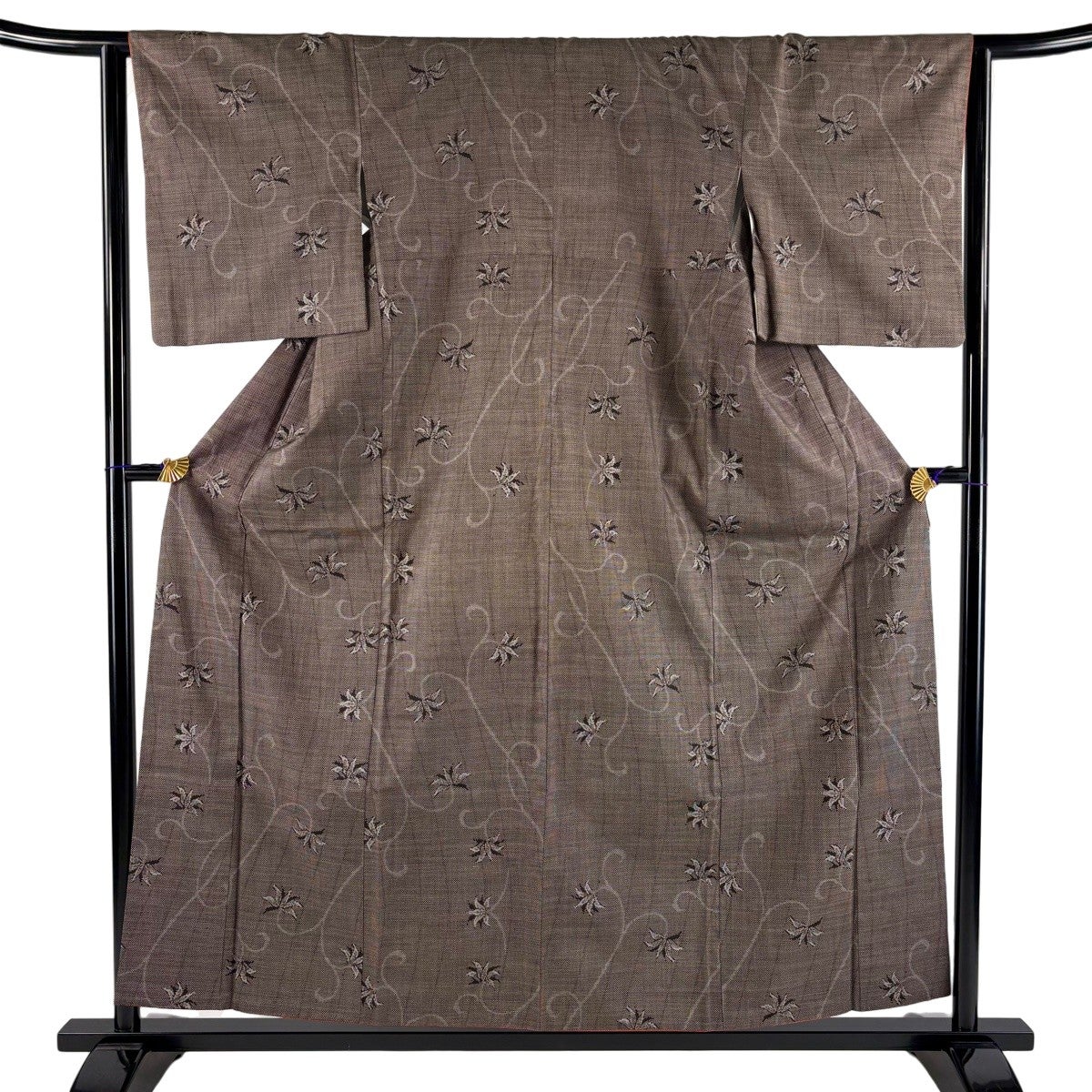 紬 身丈154cm 裄丈63cm S 単衣 花唐草 縦縞 薄紫 正絹 秀品｜中古