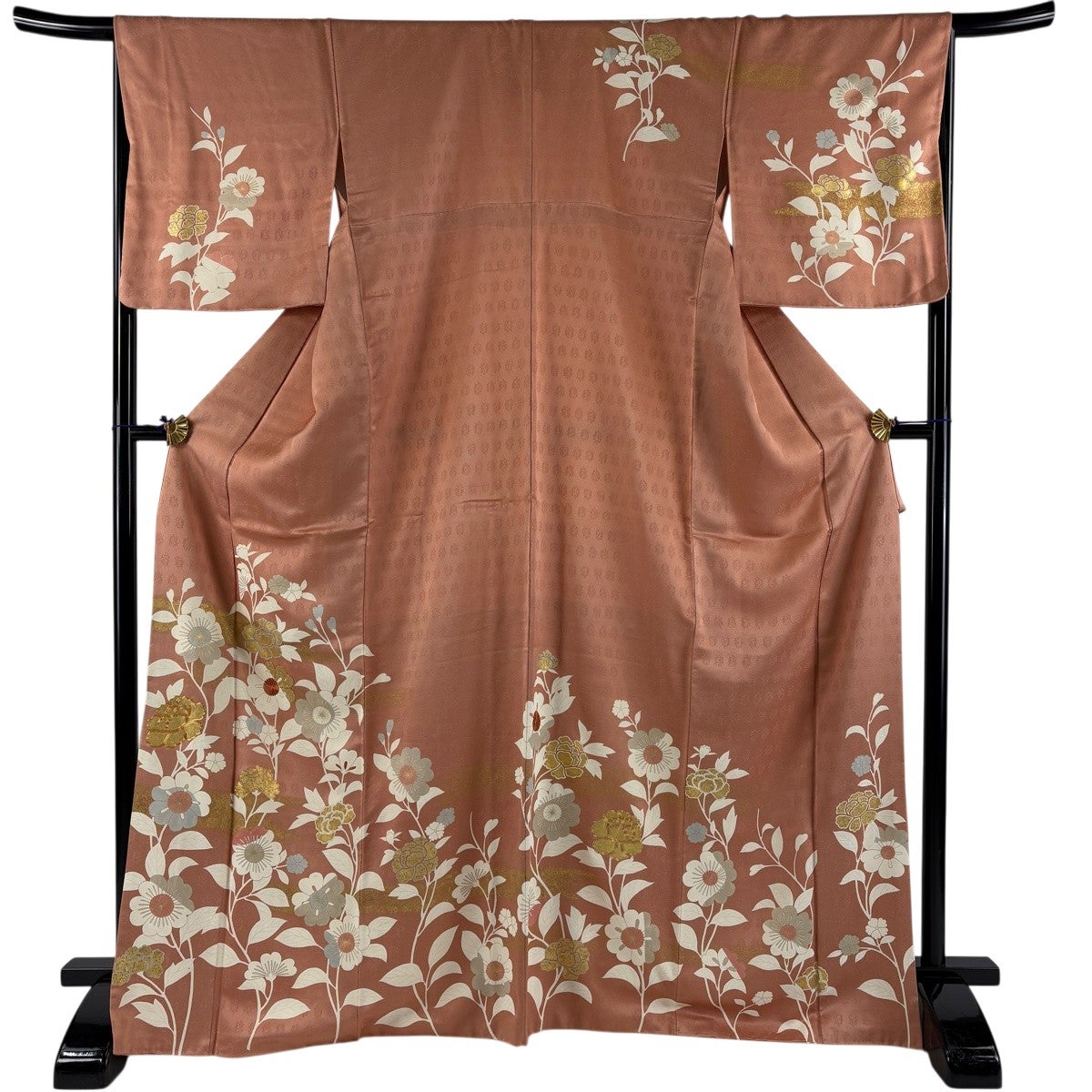 美品】 訪問着 身丈161cm 裄丈63cm S 袷 鈴乃屋 葉柄 波 金銀彩 灰緑