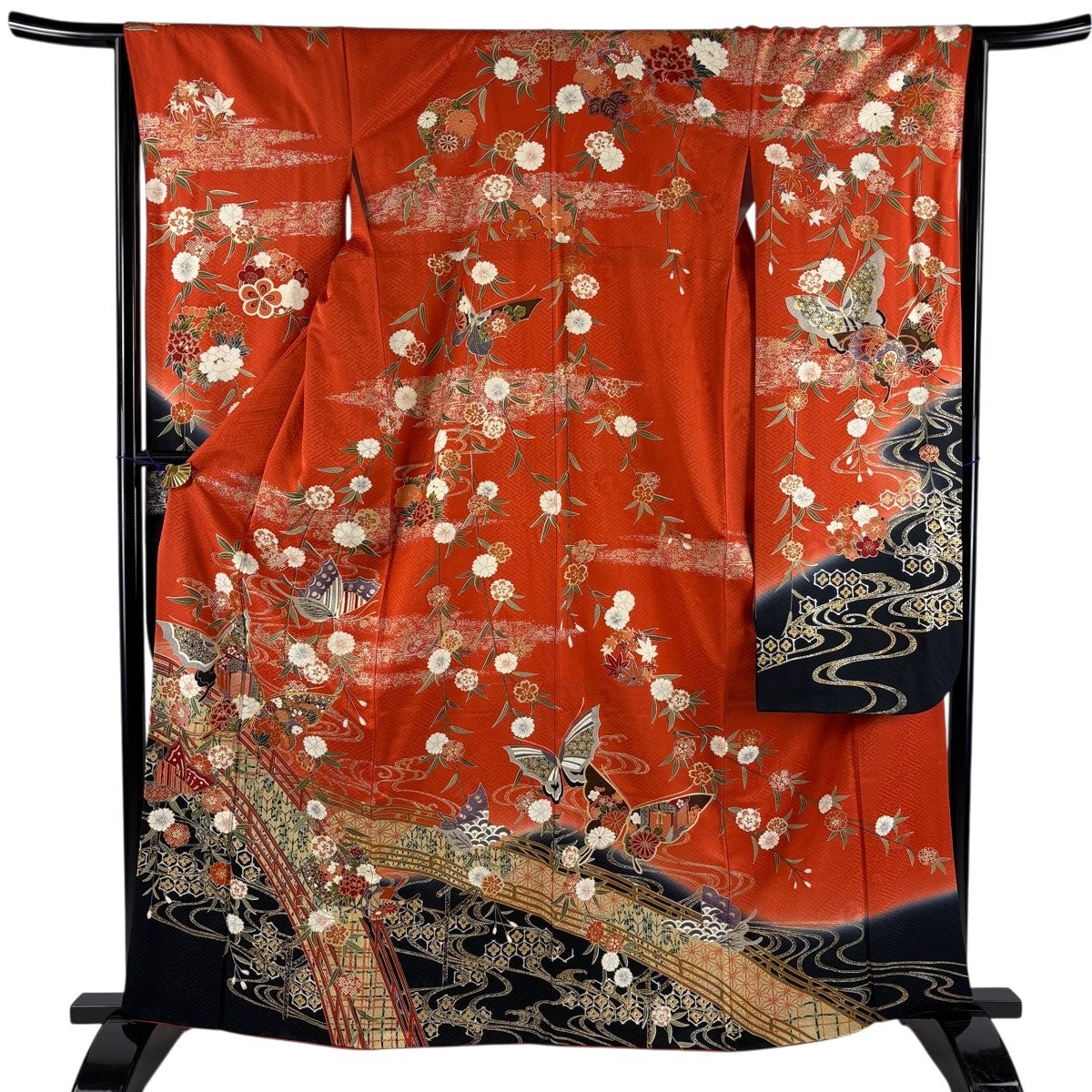 振袖 身丈163cm 裄丈67.5cm L 袷 御所車 桜 金銀彩 絞り 緑 正絹 名品