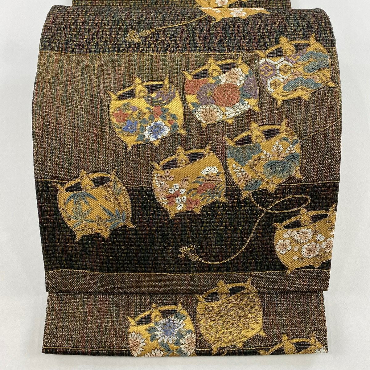 在庫一掃】 【美品】 袋帯 名品 段縞 縞 金糸 灰緑 お太鼓柄 正絹