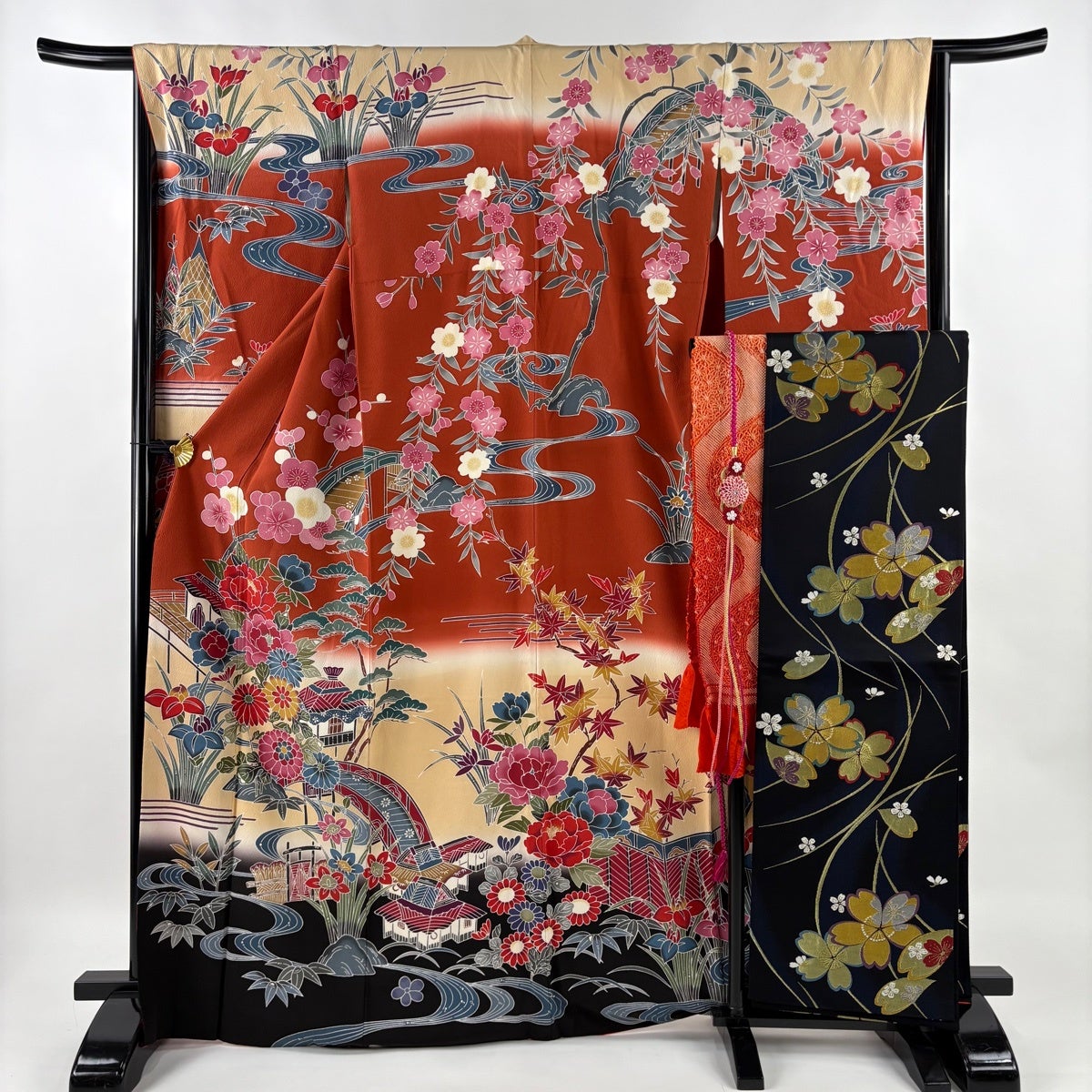 振袖 身丈169cm 裄丈65.5cm M 袷 袋帯フルセット 家屋 草花 染め分け