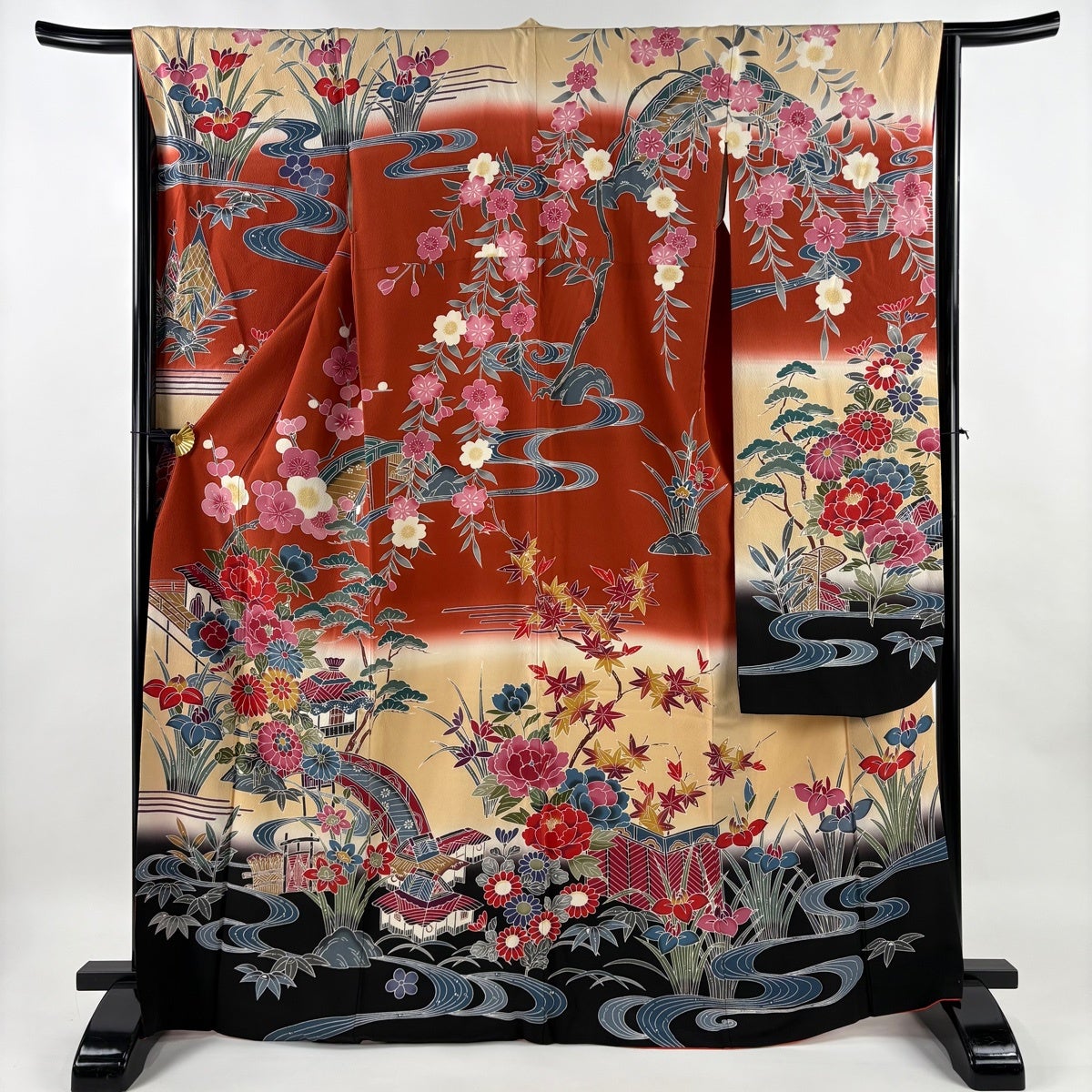 振袖 身丈169cm 裄丈65.5cm M 袷 袋帯フルセット 家屋 草花 染め分け