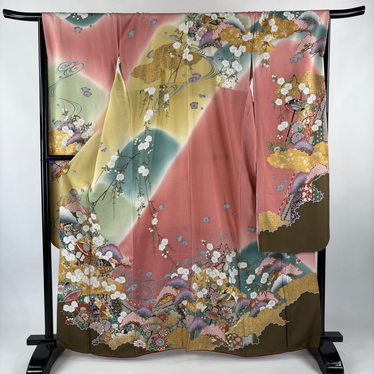 振袖 身丈162.5cm 裄丈68cm L 袷 桜 熨斗 金彩 ぼかし 赤 正絹 秀品