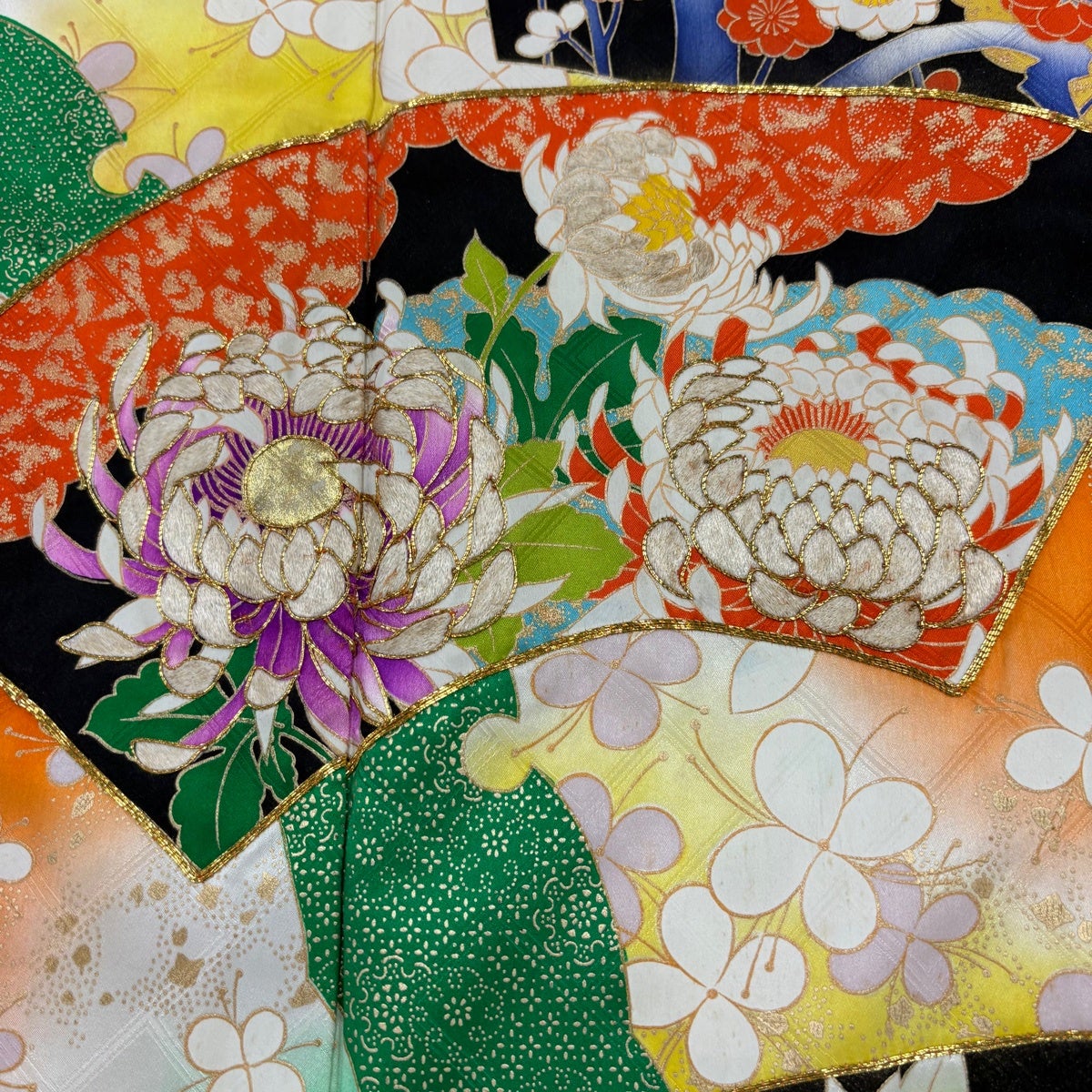 振袖 身丈165.5cm 裄丈62cm S 袷 扇面 牡丹 刺繍 金彩 緑 正絹 優品