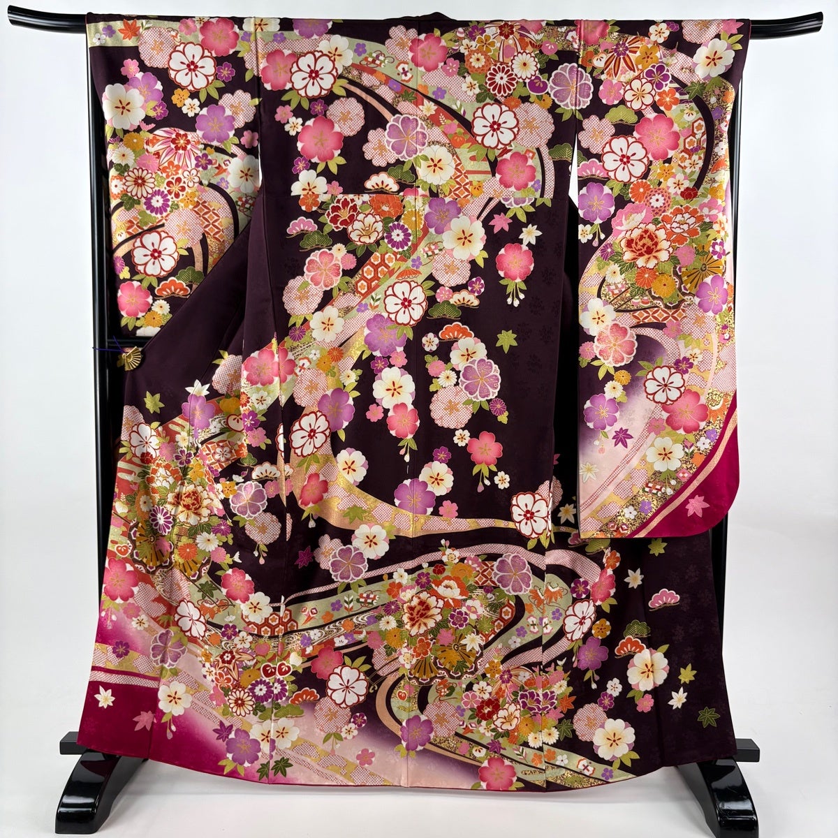美品】 振袖 身丈164.5cm 裄丈67cm M 袷 袋帯フルセット 花車 宝尽くし