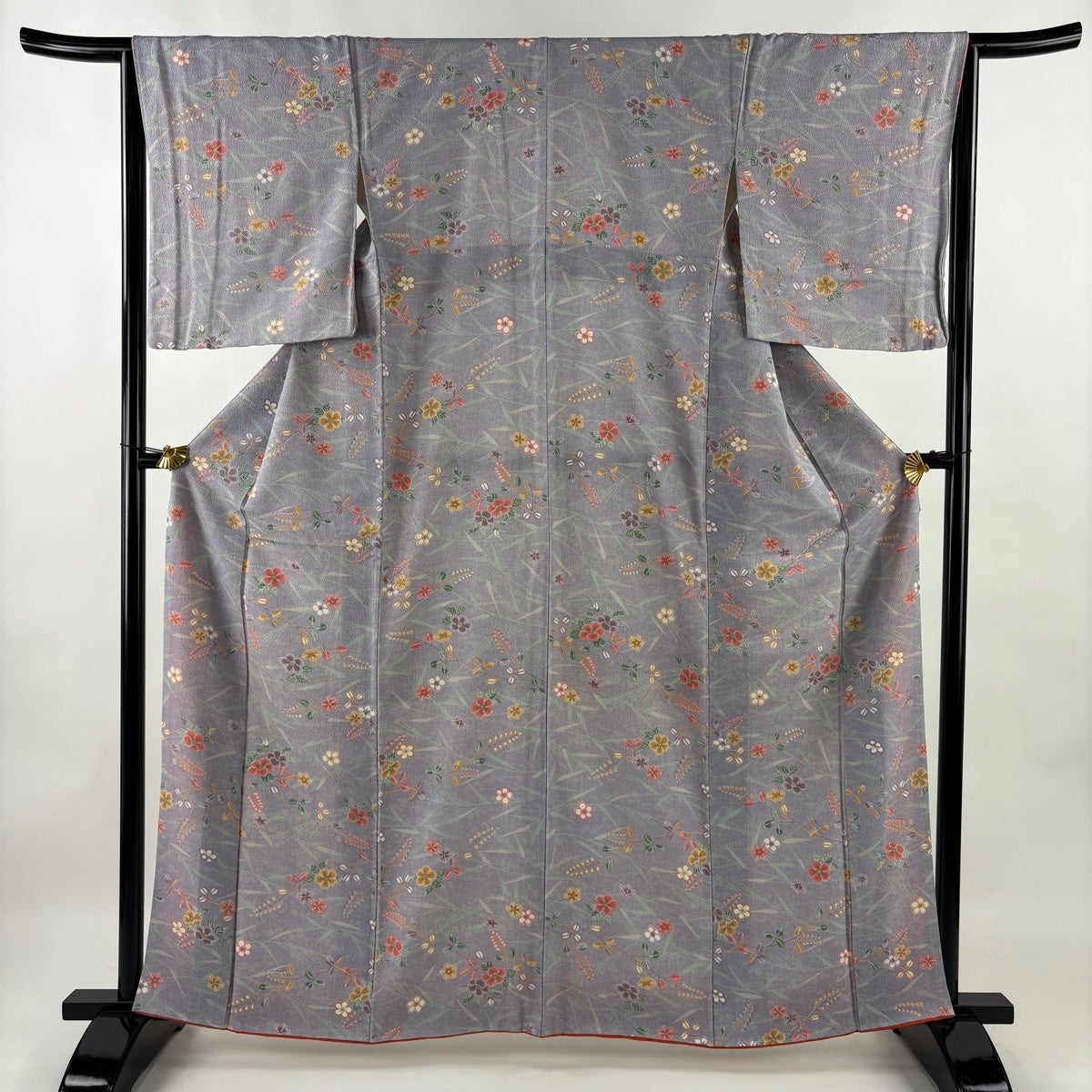 小紋 身丈162cm 裄丈65cm M 袷 桜 枝梅 金彩 縮緬 灰紫 正絹 優品