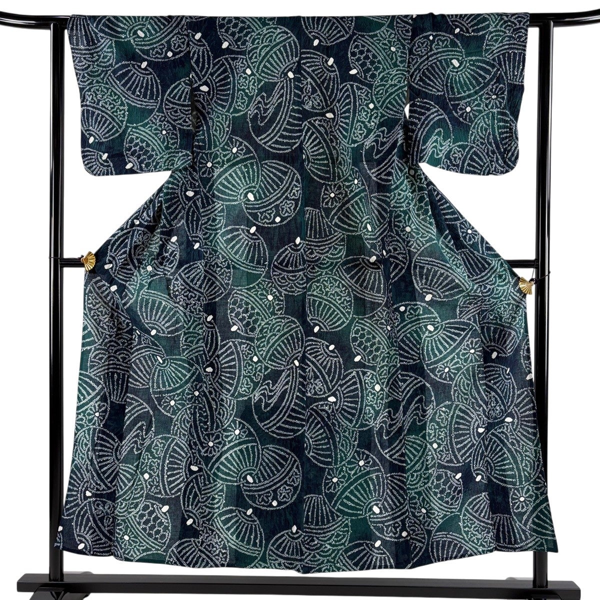 浴衣 身丈153cm 裄丈61cm S 絞り浴衣 鈴 花 深緑 綿 名品｜中古・古着