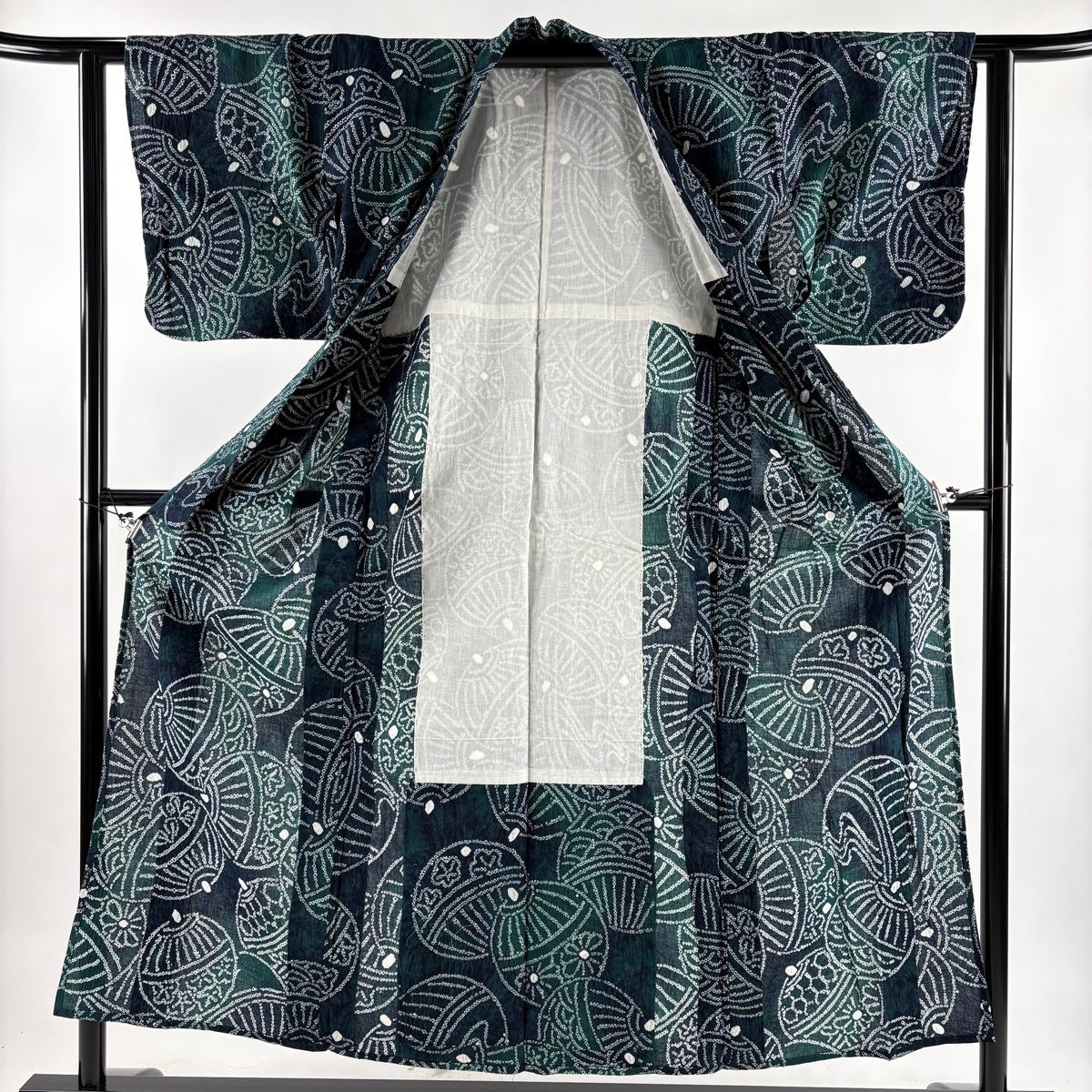 浴衣 身丈153cm 裄丈61cm S 絞り浴衣 鈴 花 深緑 綿 名品｜中古・古着