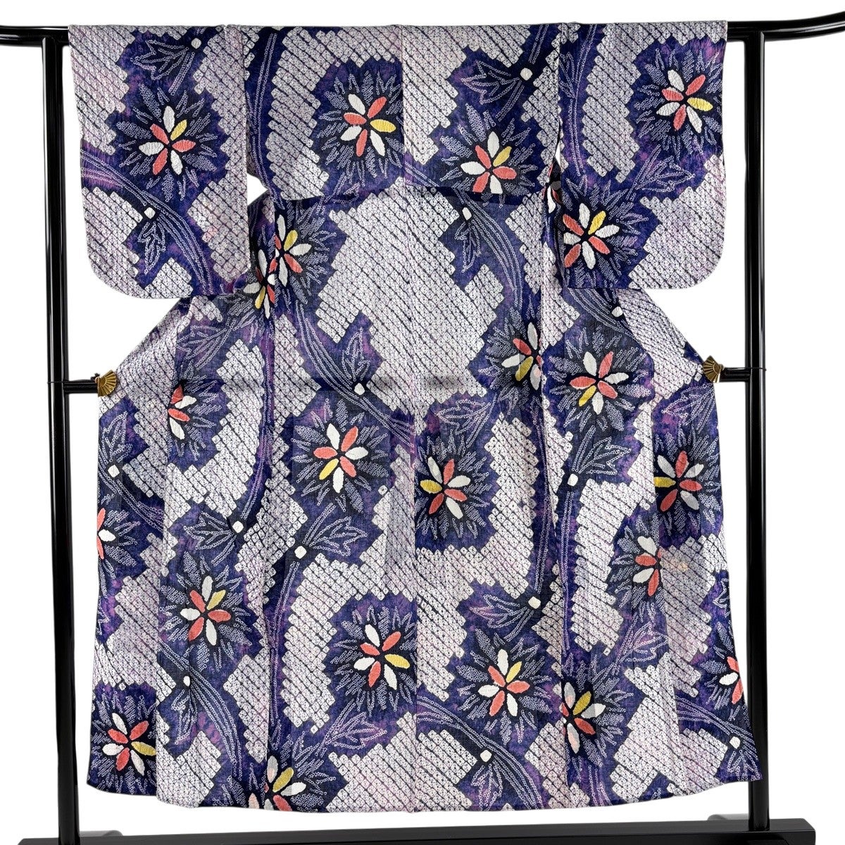 浴衣 身丈150cm 裄丈61cm S 絞り浴衣 草花 紺色 綿 名品｜中古・古着