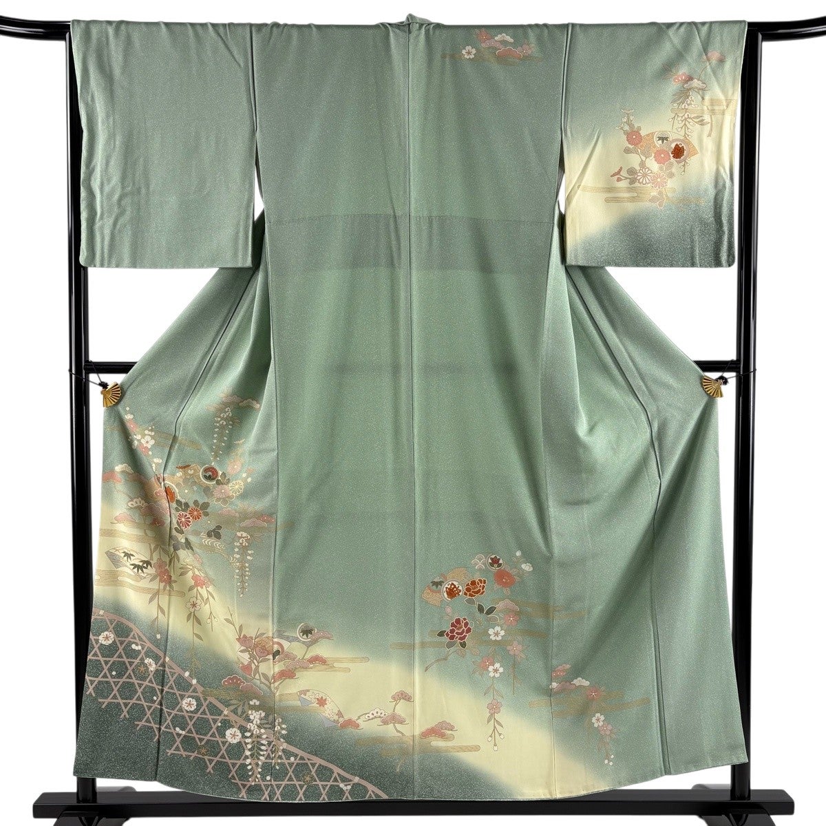 訪問着フルセット　暈し染め　裄丈68cm 扇面　松竹梅　万寿菊　金銀彩 訪問着 身丈156.5cm 裄丈65cm M 袷 松竹梅 ヱ霞 金彩 染め分け 薄緑