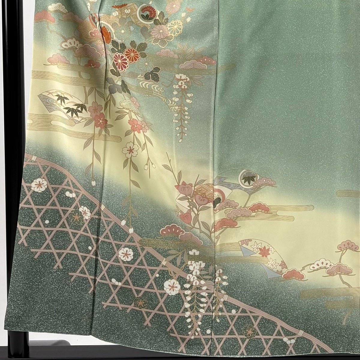 訪問着フルセット　暈し染め　裄丈68cm 扇面　松竹梅　万寿菊　金銀彩 訪問着 身丈156.5cm 裄丈65cm M 袷 松竹梅 ヱ霞 金彩 染め分け 薄緑