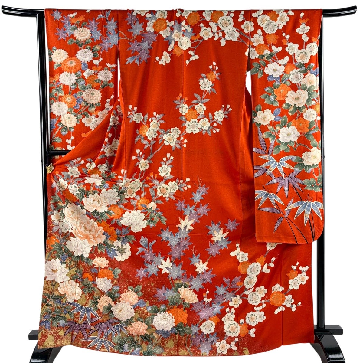 振袖 身丈169cm 裄丈66cm M 袷 牡丹 枝梅 金彩 朱色 正絹 秀品｜中古
