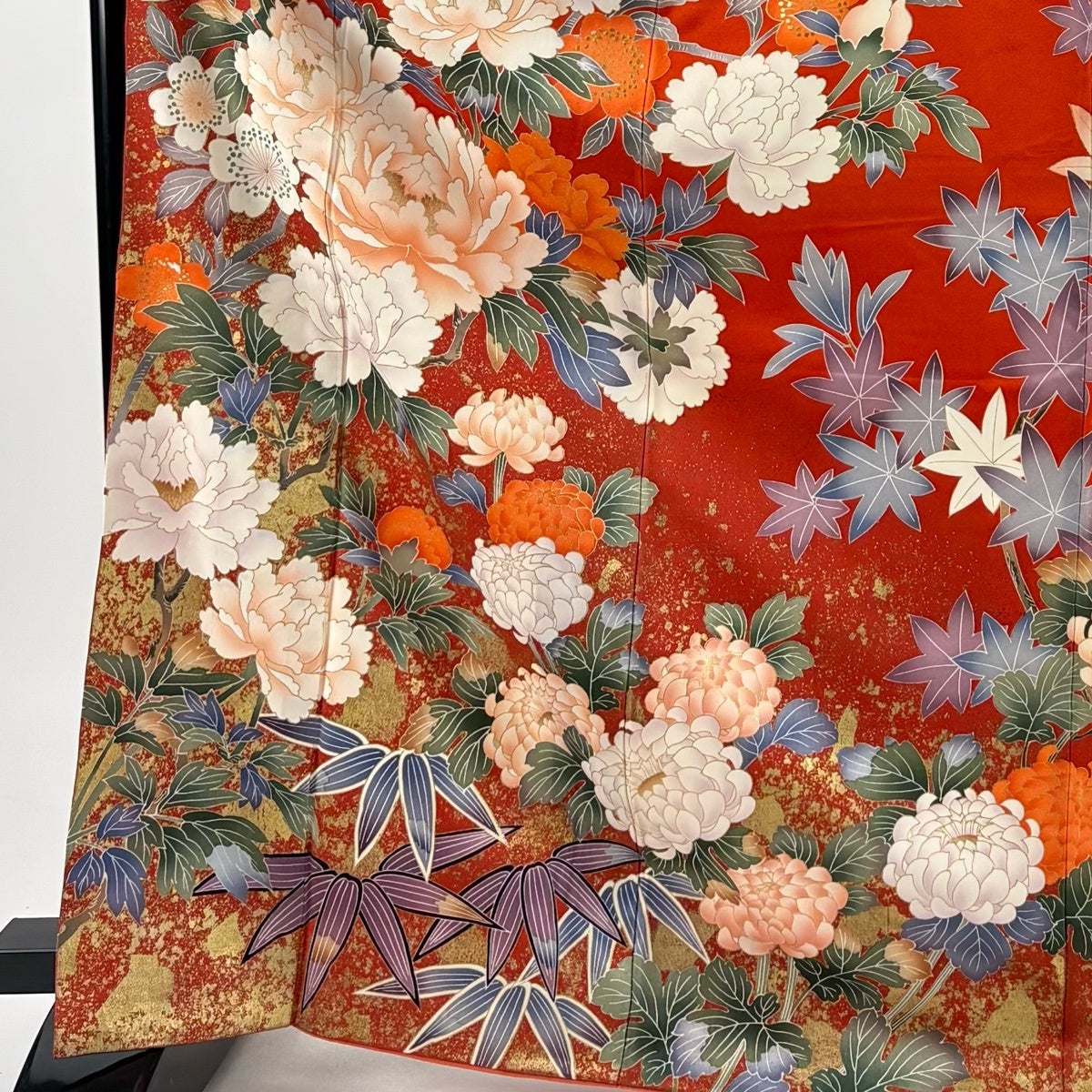 振袖 身丈169cm 裄丈66cm M 袷 牡丹 枝梅 金彩 朱色 正絹 秀品｜中古