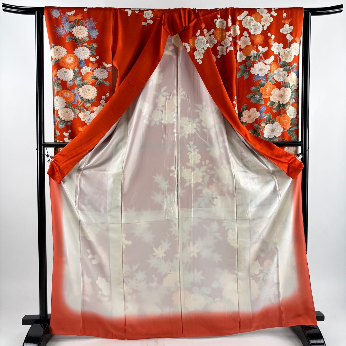 振袖 身丈169cm 裄丈66cm M 袷 牡丹 枝梅 金彩 朱色 正絹 秀品｜中古