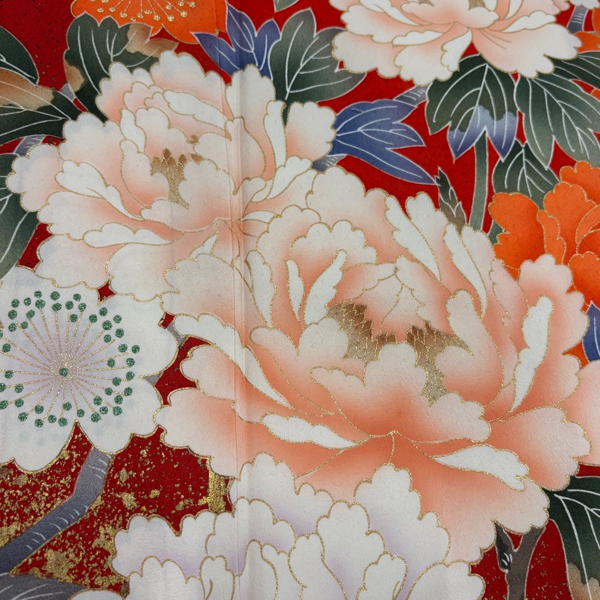 振袖 身丈169cm 裄丈66cm M 袷 牡丹 枝梅 金彩 朱色 正絹 秀品｜中古