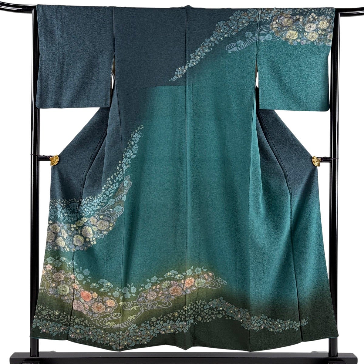 訪問着 身丈153cm 裄丈64cm M 袷 辻が花 流水 金彩 ぼかし 緑 正絹 秀