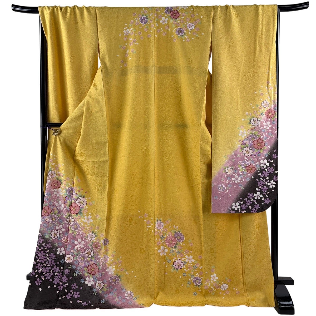 美品】 振袖 身丈174cm 裄丈69.5cm L 袷 桜 雪輪 金彩 染め分け 山吹色
