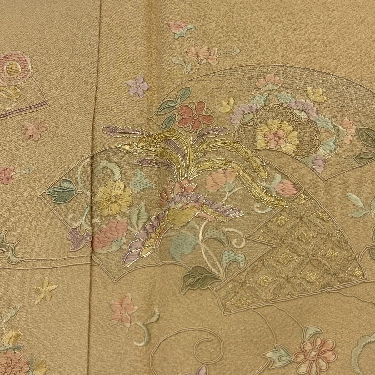 美品】 付下げ 身丈166cm 裄丈67.5cm L 袷 扇面 鳳凰 刺繍 金糸