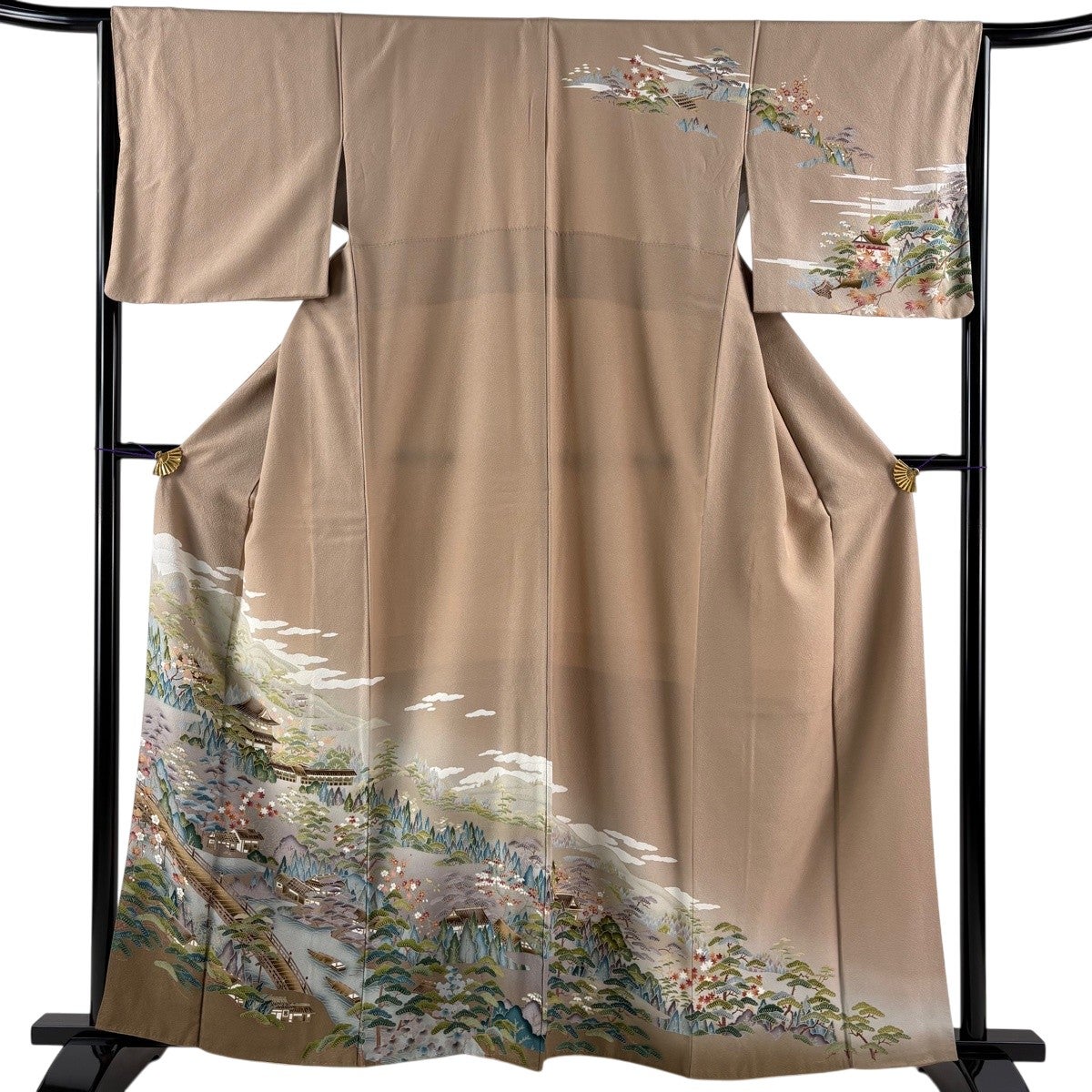 美品】 訪問着 身丈167.5cm 裄丈66cm M 袷 紬地 落款あり 風景 建物