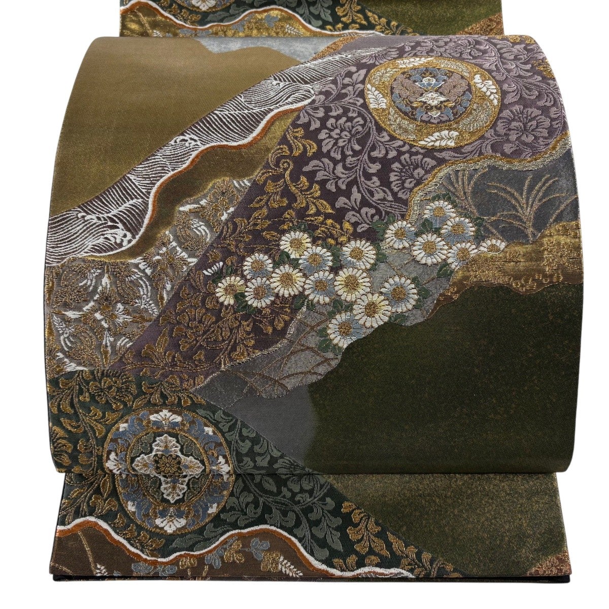 袋帯 秀品 振袖向き 花丸文 橘 金銀糸 唐織 緑 六通 正絹｜中古・古着
