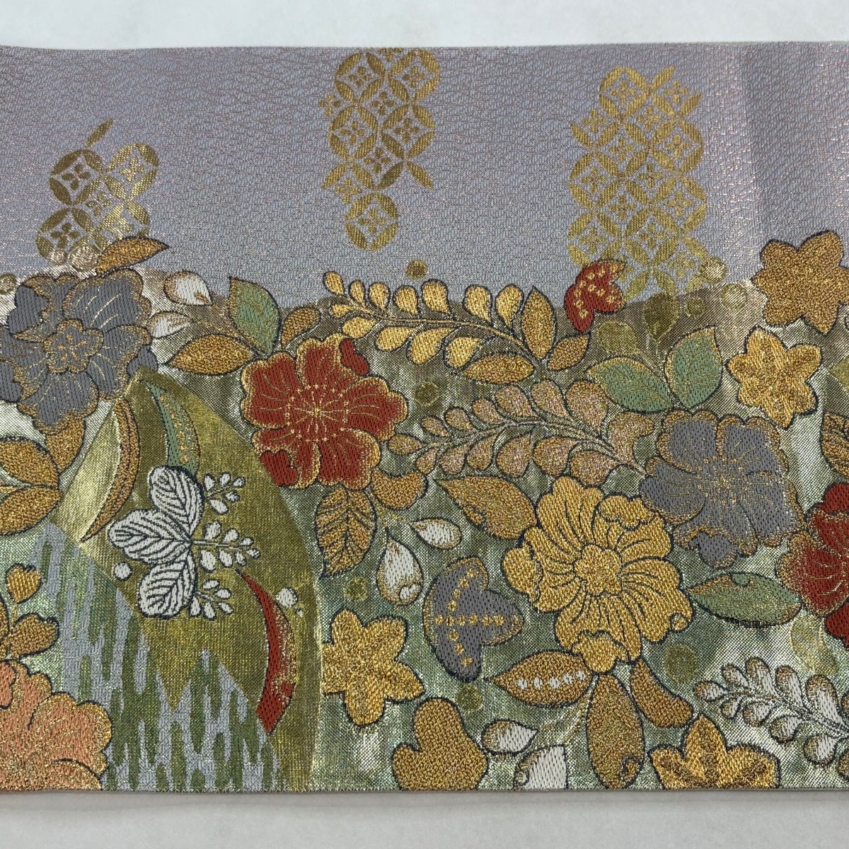最終価格】 77%OFF 【美品】 袋帯 秀品 辻が花柄 七宝 箔 金糸 薄紫 六